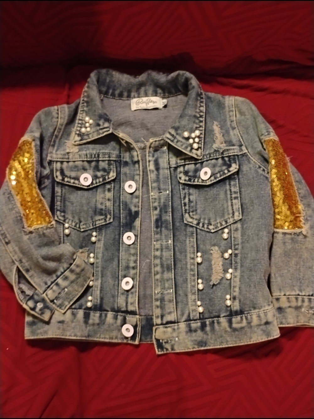 Girls'  Blue Denim butterfly Jacket Gold Sequin Elbow Patches , pearl accents.